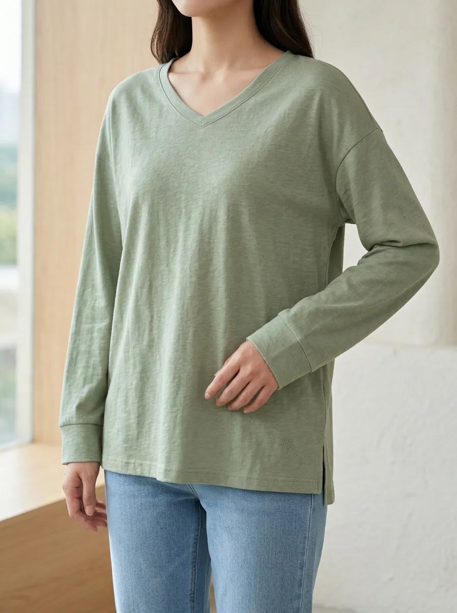 V Neck Embroidered Detail Women's Long Sleeve Tee