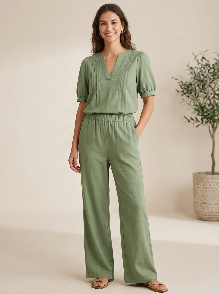 Short-Sleeve Pleated Women's V-Neck Blouse