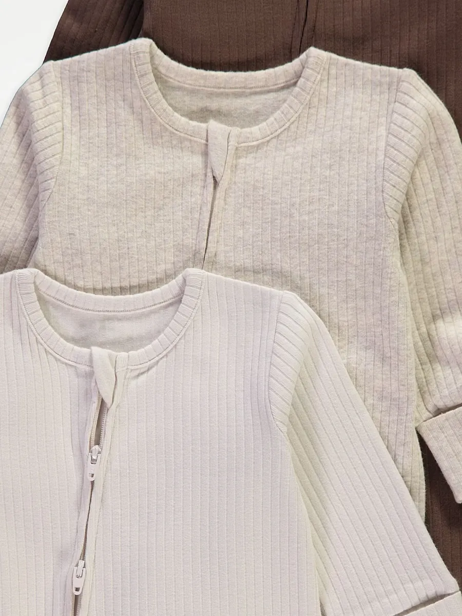 Neutral Ribbed Zip Fasten Sleepsuits 7 Pack