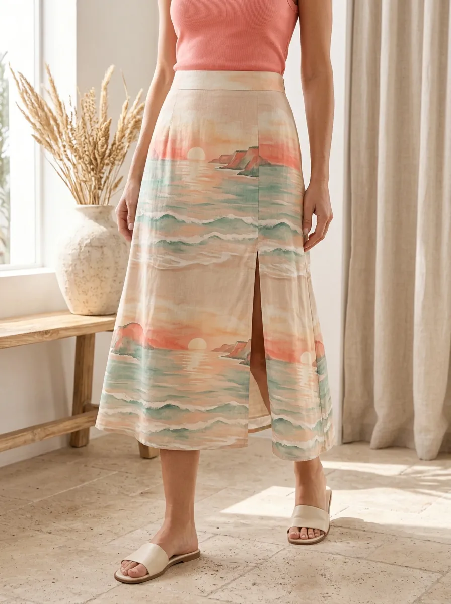 Women's Beach Lover Sunset Ocean Printed Midi Skirt