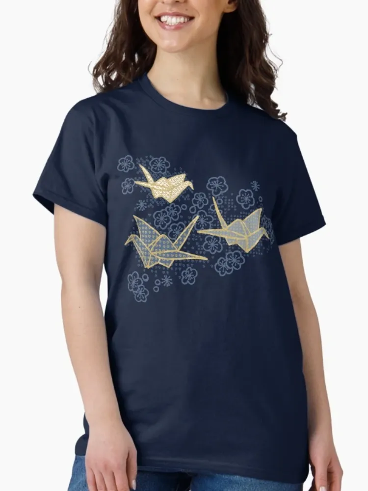 Women's Casual Cultural Origami Print Crew Neck Short-Sleeve T-Shirt