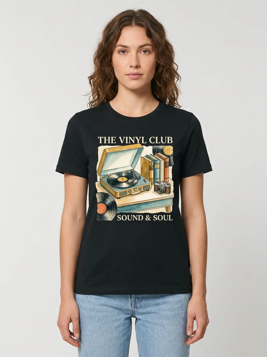 Women's Vinyl Record Music Lover Turntable Books Printed T-shirt