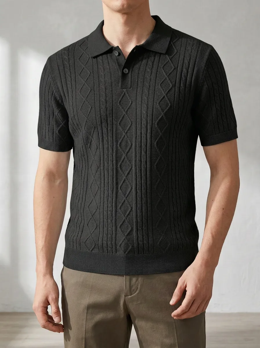 Men's Cable-Knit Diamond-Texture Textured Knit Polo Shirt