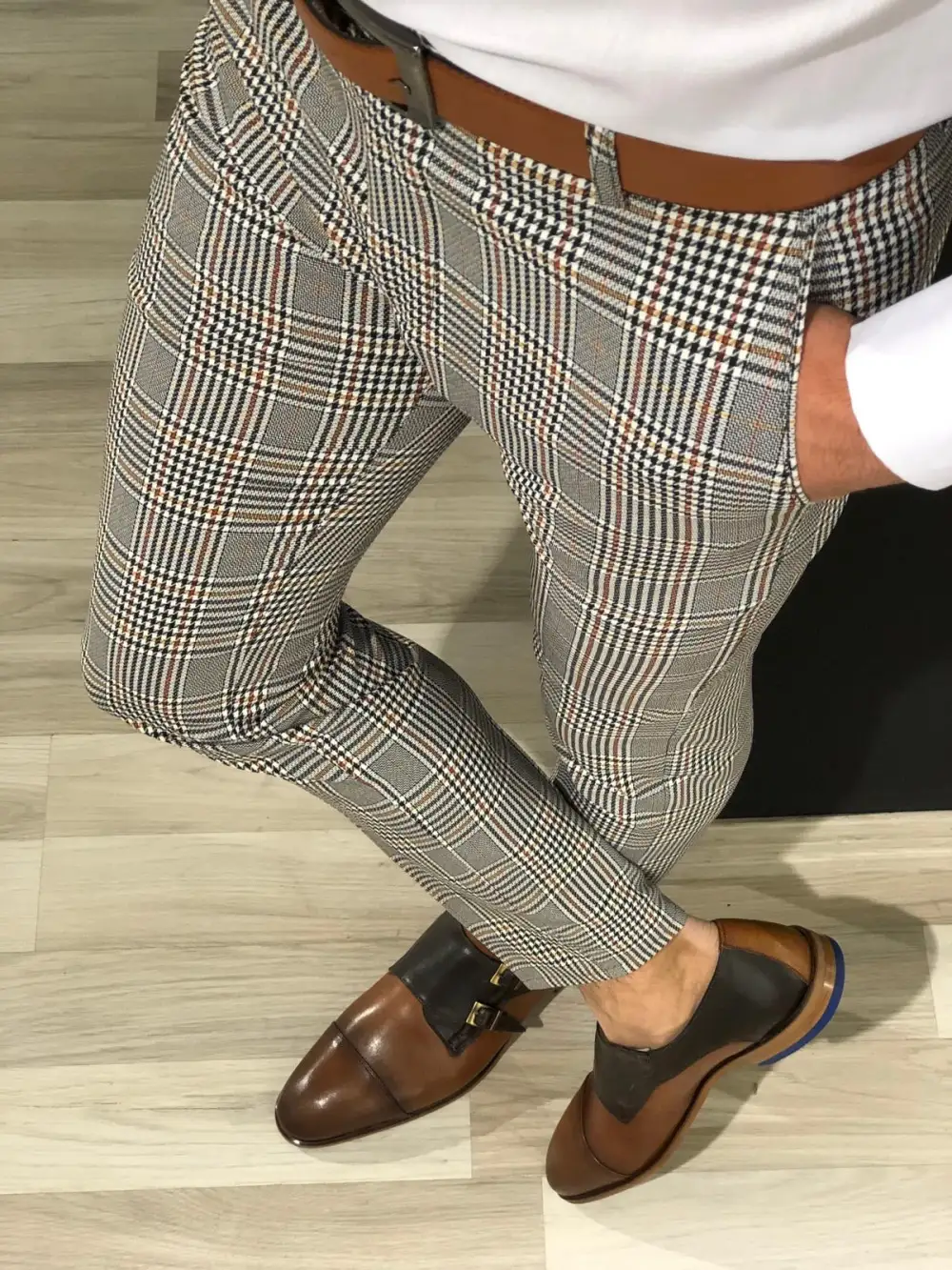 Refined Textured Slim Fit Plaid Tailored Trousers
