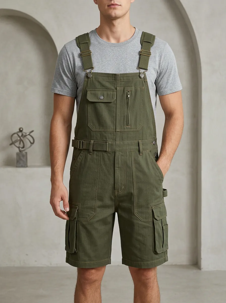 Men's Utility Workwear Olive Green Cargo Bib Shorts