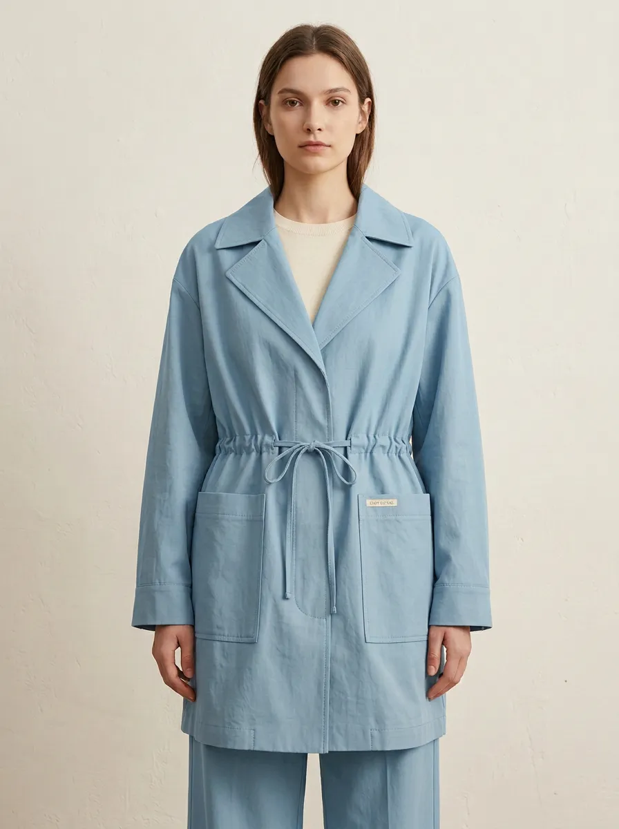 Front Pockets Drawstring Waist Trench Coat