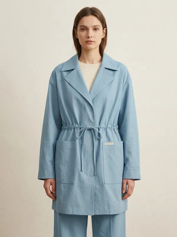 Front Pockets Drawstring Waist Trench Coat