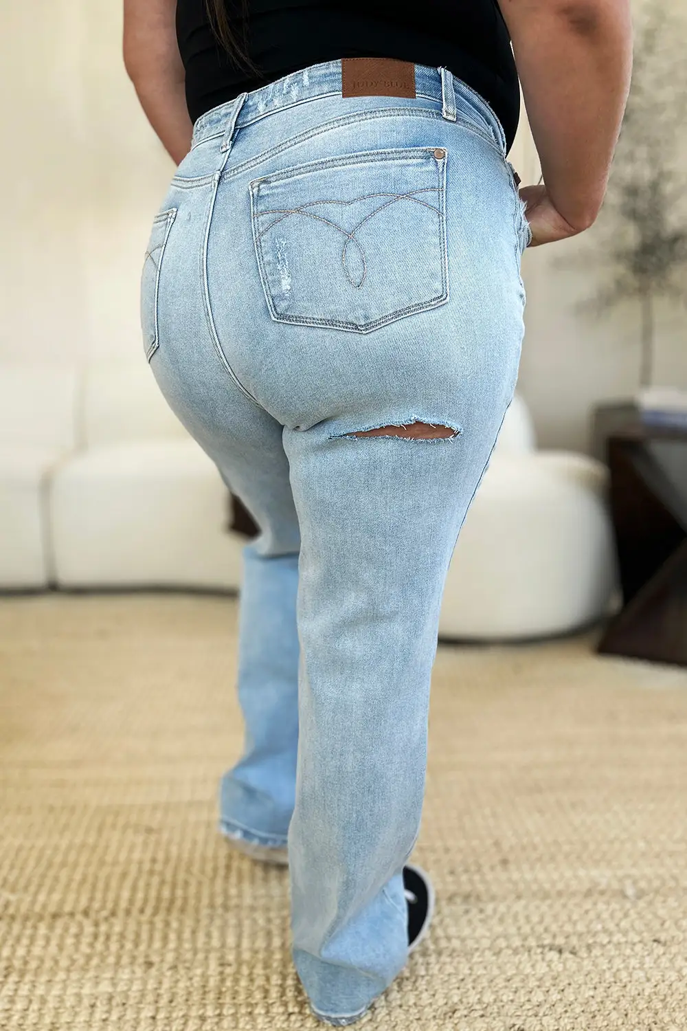 High Waist Distressed Straight Denim Jeans