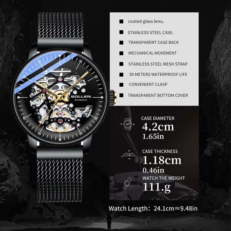 Sollen SL202 Men's Full Skeleton Automatic Mechanical Watch - 42mm Stainless Steel Case Frosted Open Dial Luminous Hands Wristwatch