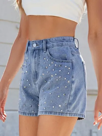 Rhinestone Washed High Waist Shorts Denim Pants