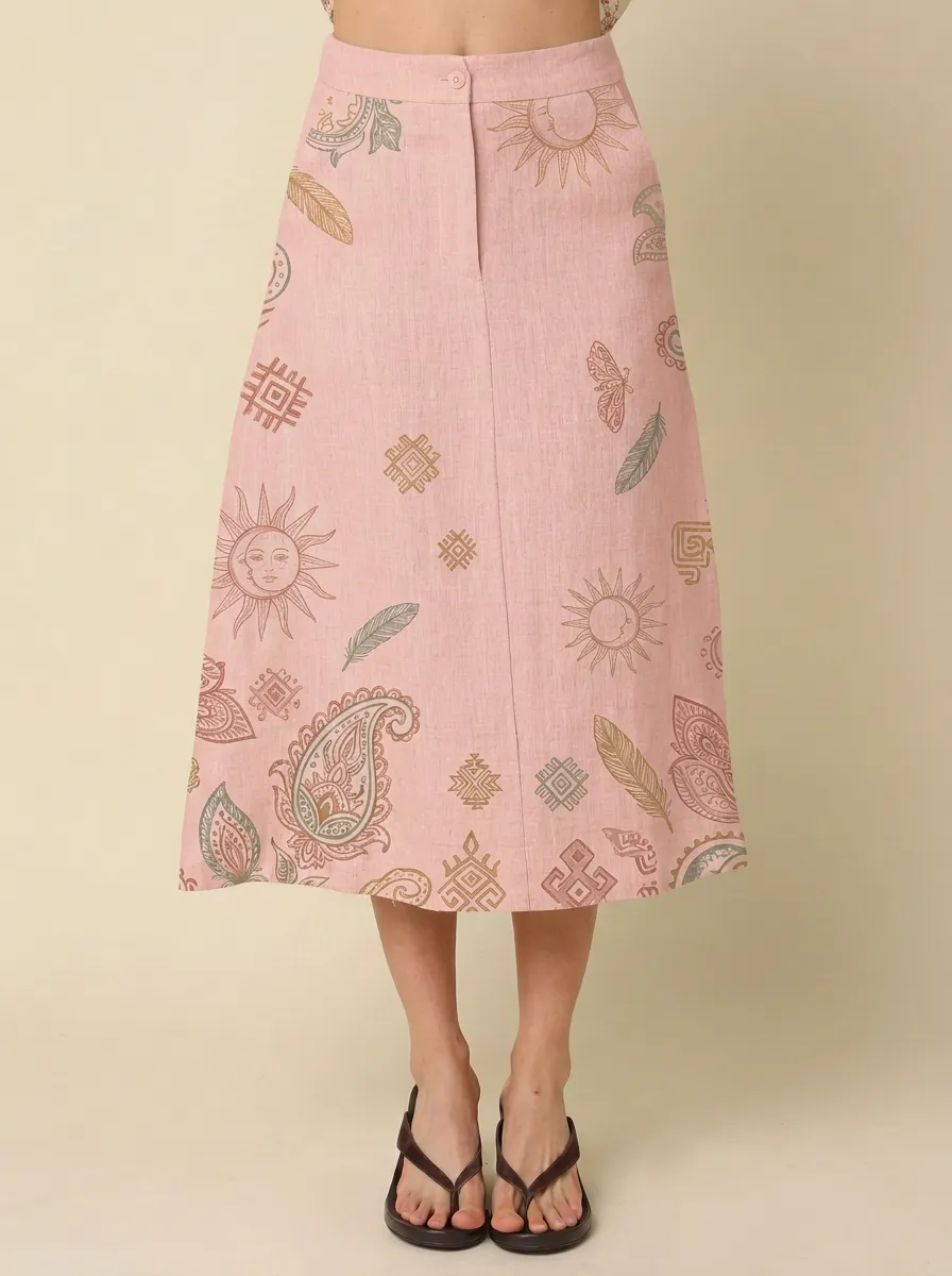 Women's Boho Celestial Sun Paisley Feather Printed Midi Skirt