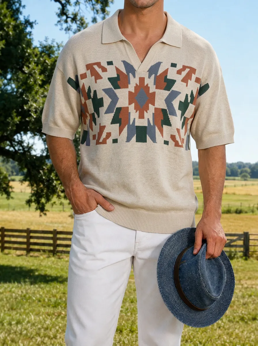 Men's Southwestern Geometric Pattern Printed Polo Shirt