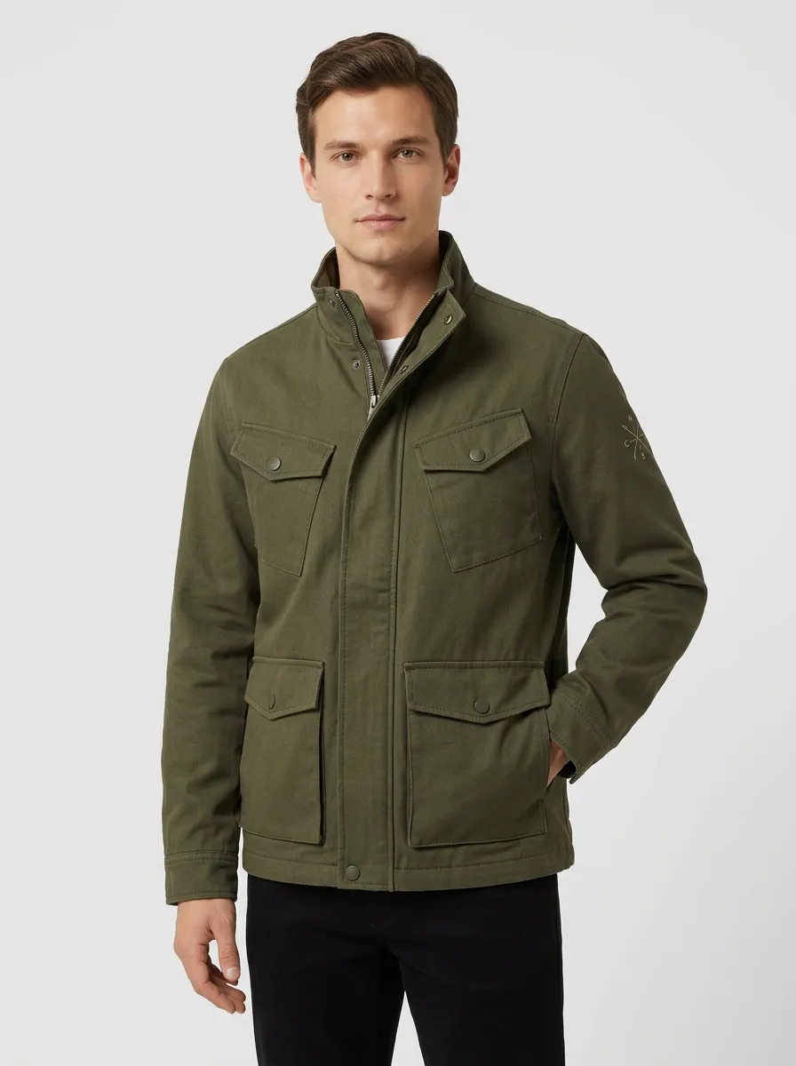 Men's Military Style Compass Logo Printed Field Jacket
