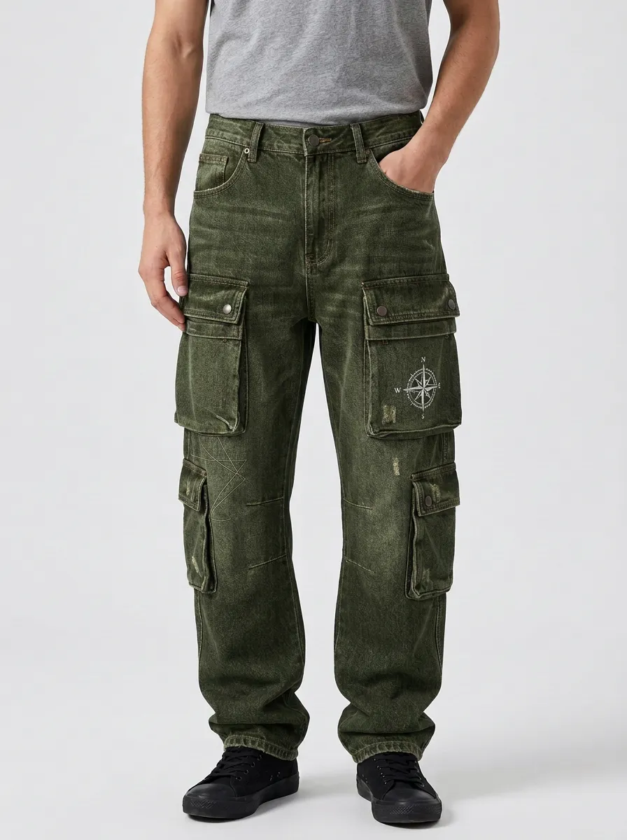Men's Compass Graphic Distressed Denim Cargo Jeans