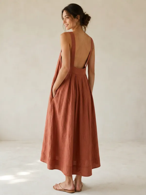 Women's Casual Pleated Midi Backless Dress