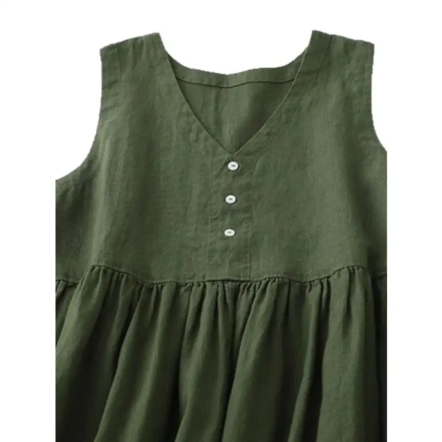 V-Neck Button Detail Sleeveless Midi Dress