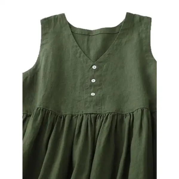 V-Neck Button Detail Sleeveless Midi Dress
