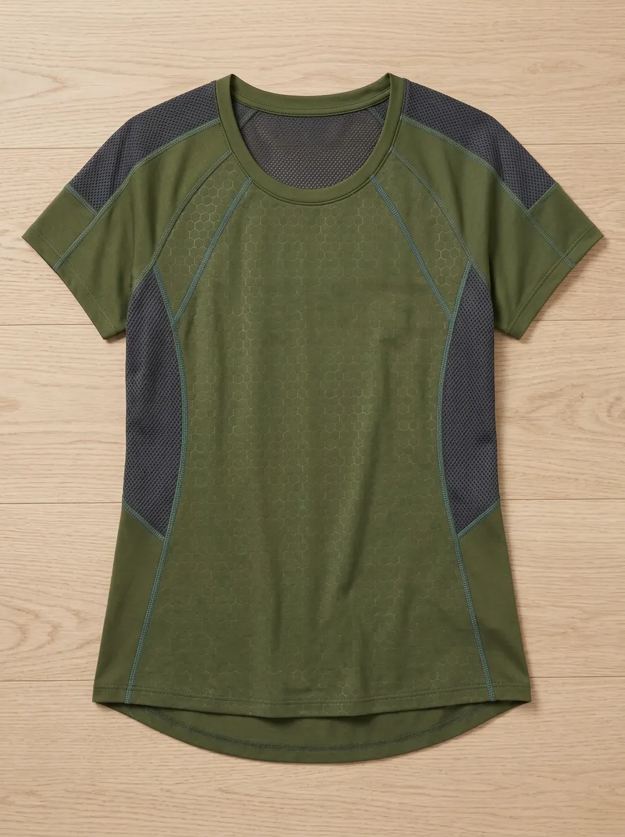 Women's Athletic Honeycomb Pattern Mesh Paneled Printed Top