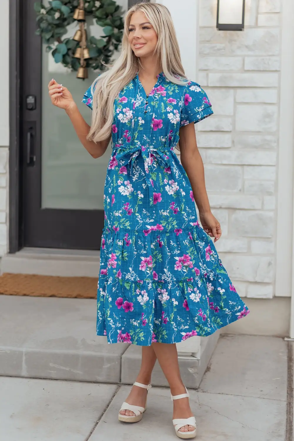 Floral Split Neck Tie Waist Dress Casual