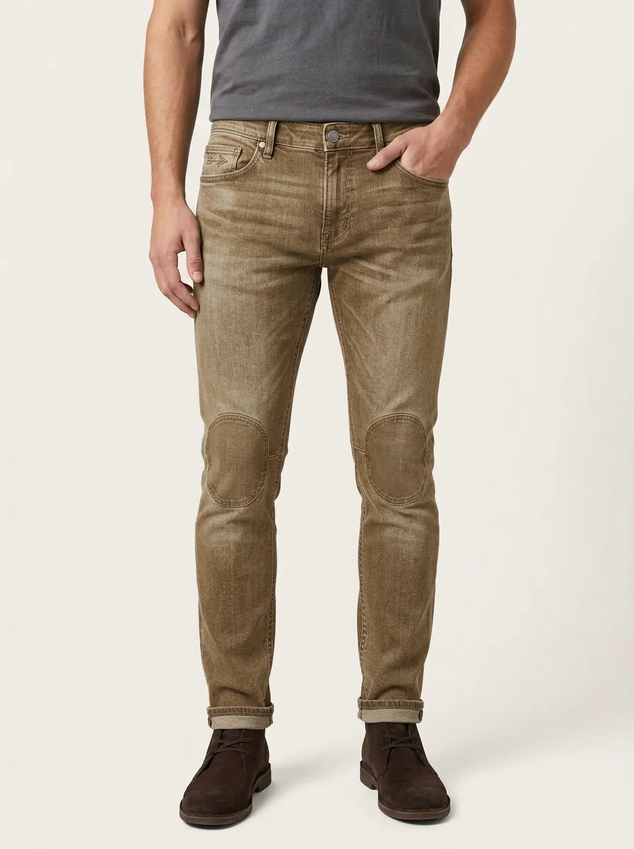 Men's Mid-Blue Distressed Knee-Patch Washed Slim Fit Jeans