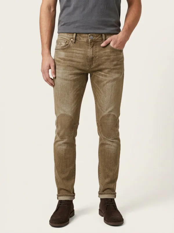 Men's Mid-Blue Distressed Knee-Patch Washed Slim Fit Jeans