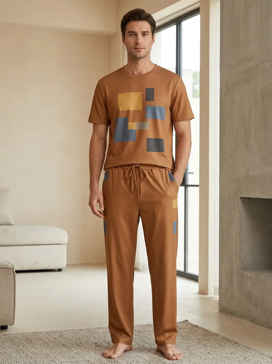 Men's Geometric Block Pattern Printed Casual Lounge Set