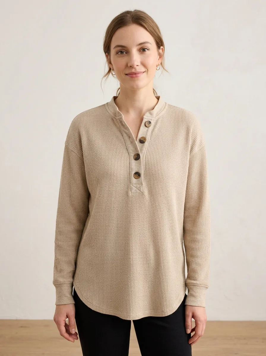 Women's Casual Minimalist Beige Waffle Knit Button Henley Shirt