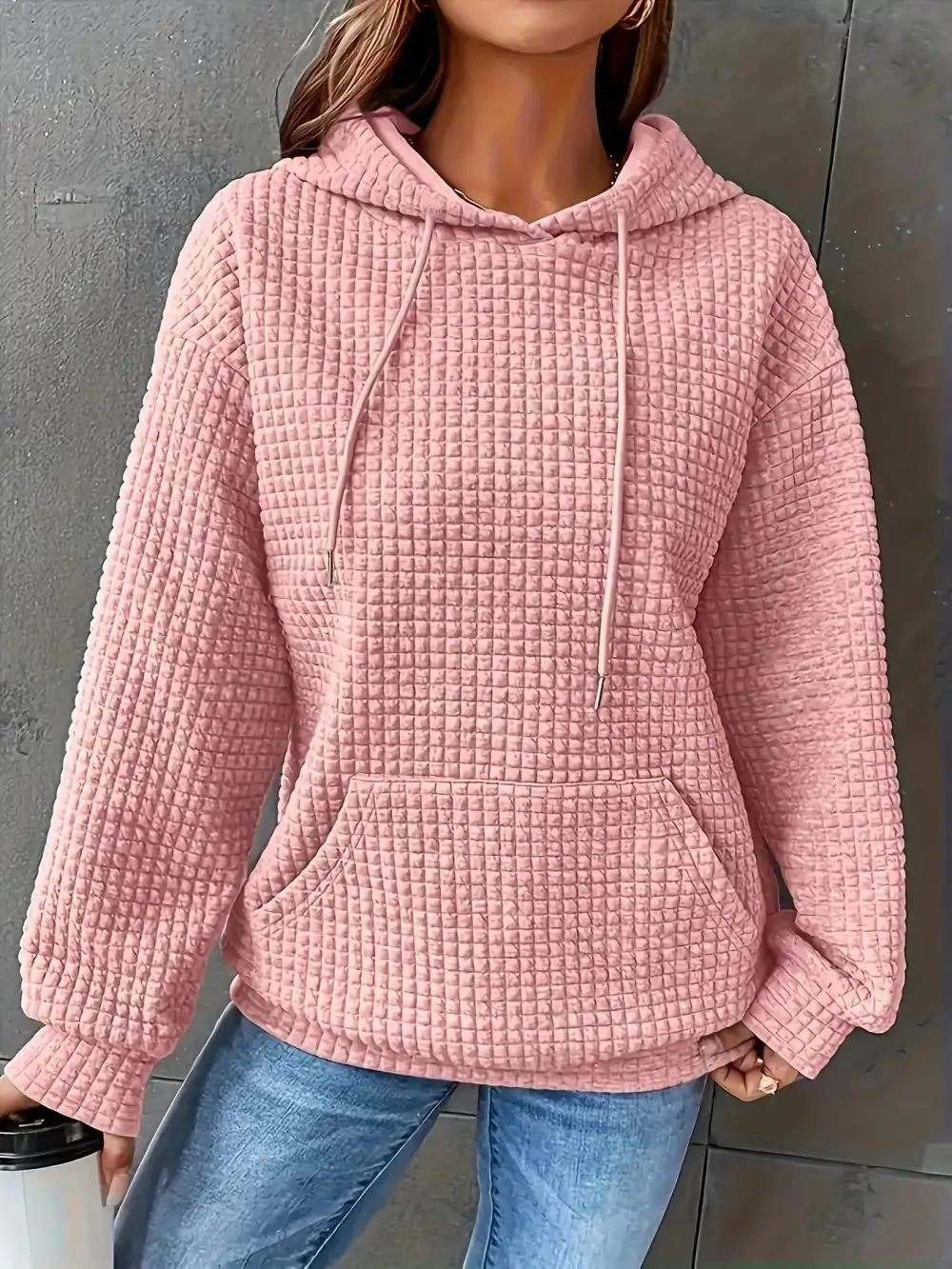 Drawstring Pocketed Textured Knit Hoodie