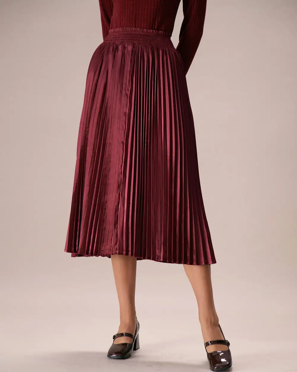 Satin Pleated Slit Midi Skirt