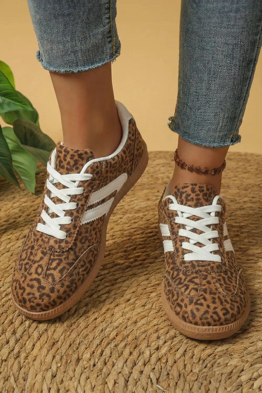 Leopard Metallic Accent Leather Lace-Up Casual Sneakers
