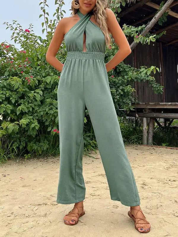 Woven Halter Neck Hollow Back Wide Jumpsuit