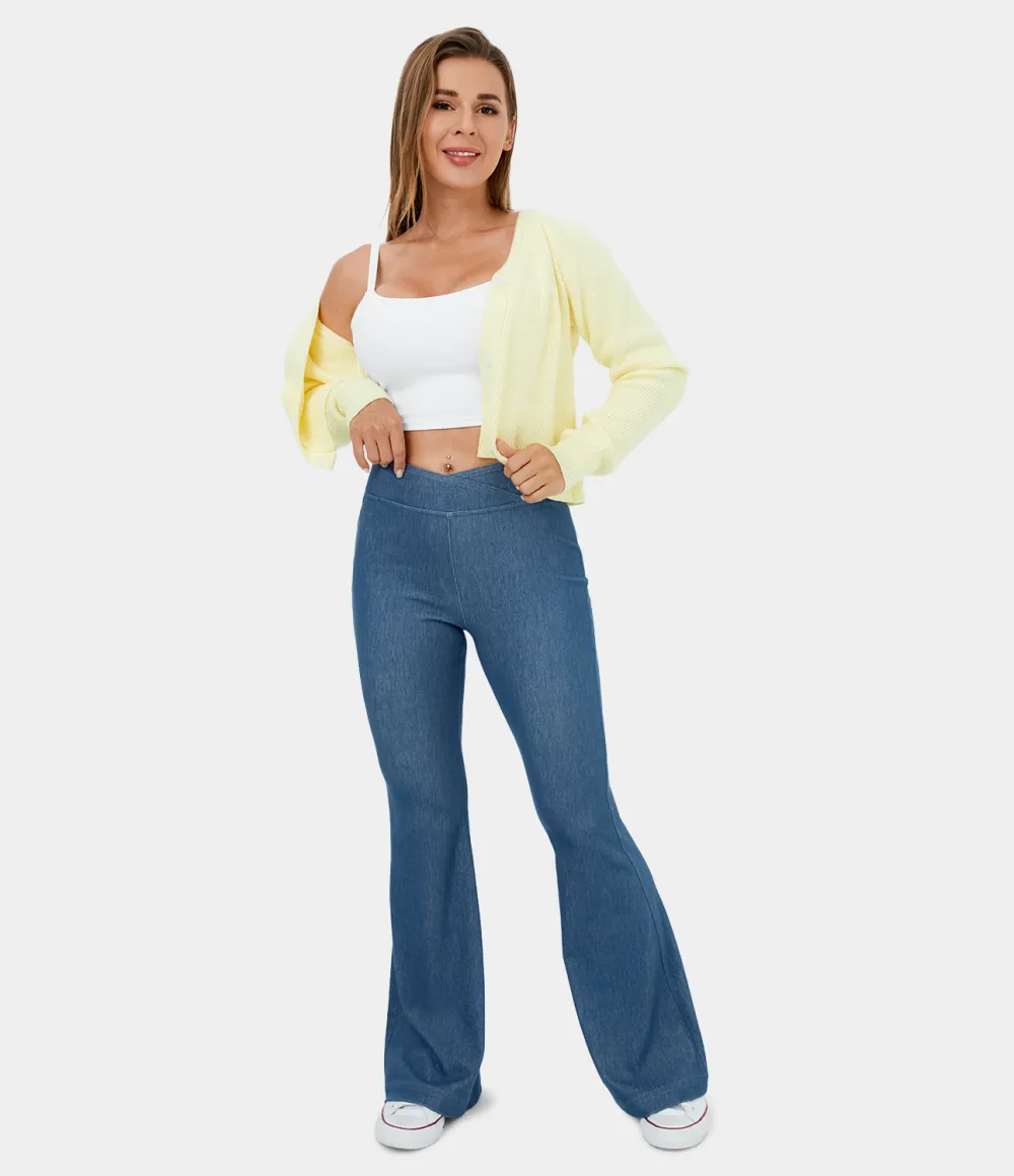 Magic High Waisted Crossover Back Pocket Stretchy Knit Casual Flare Jeans