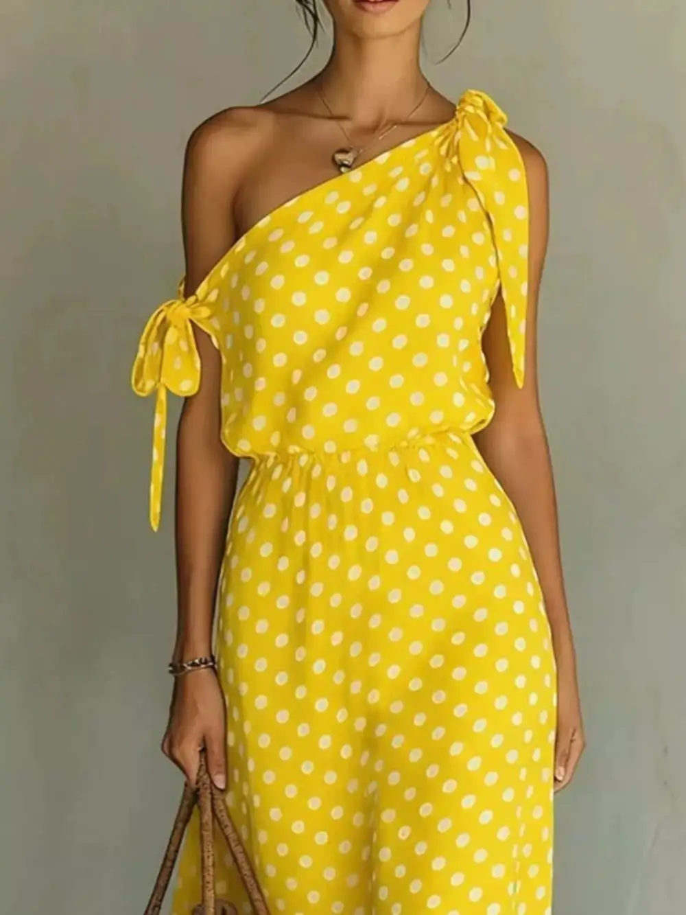 Full Size Polka Dot One Shoulder Maxi Dress With Tie Details Plus Size