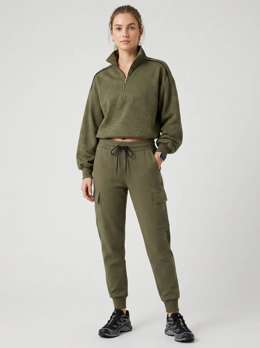 Women's Olive Topographic Pattern Printed Quarter-Zip Cargo Jogger Set