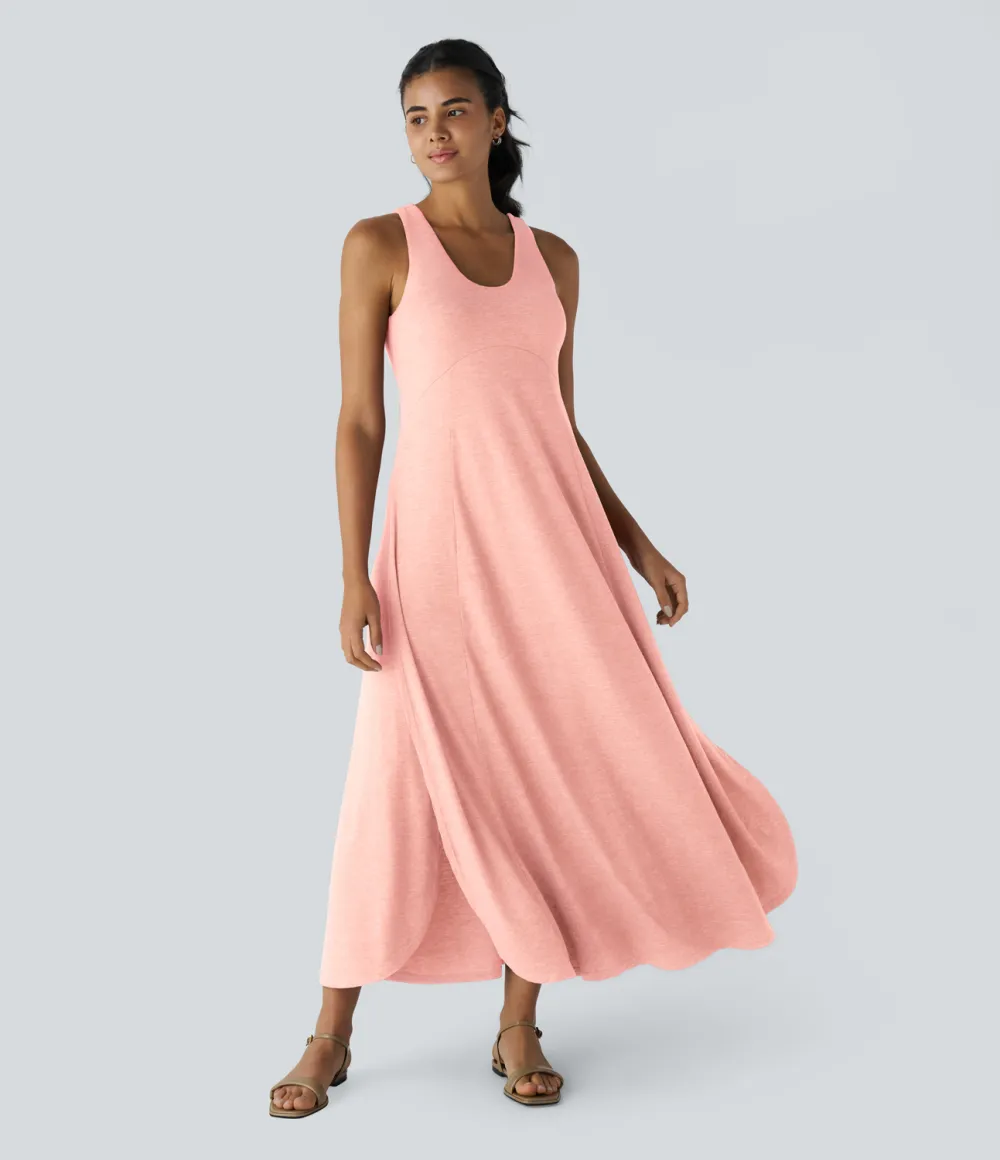 U Neck Backless Split Flowy Maxi Casual Tank Dress