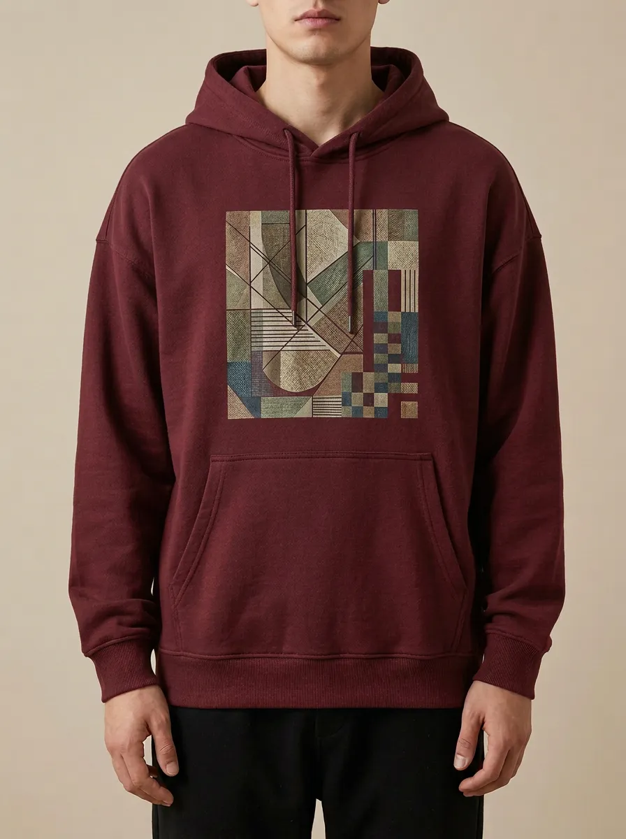 Men's Geometric Abstract Print Ribbed Trim Hoodie