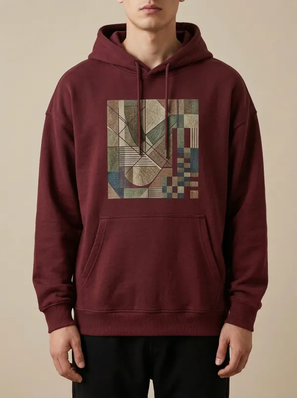 Men's Geometric Abstract Print Ribbed Trim Hoodie