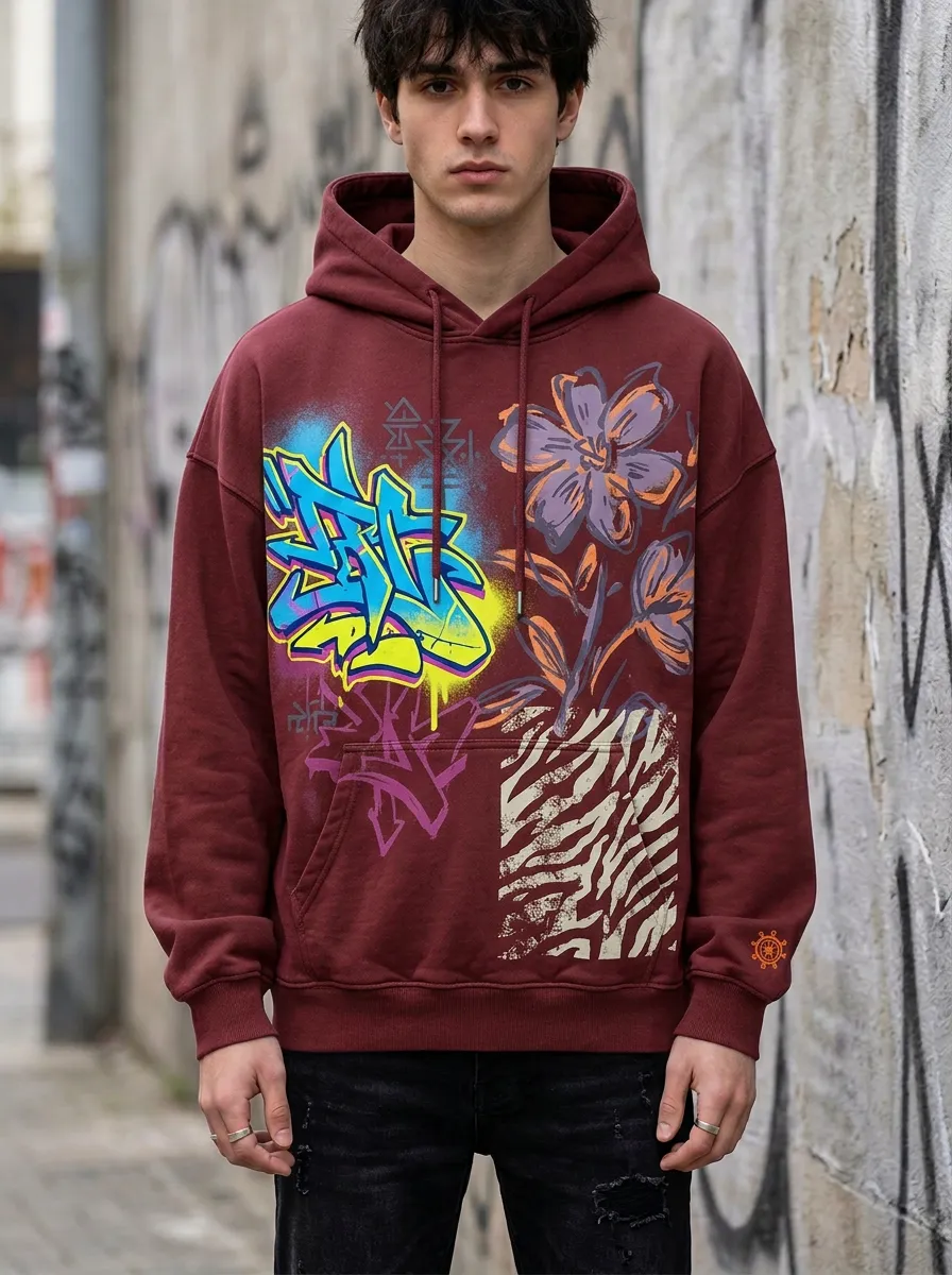 Unisex Neon Graffiti Floral Zebra Graphic Hoodie