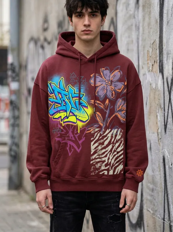 Unisex Neon Graffiti Floral Zebra Graphic Hoodie