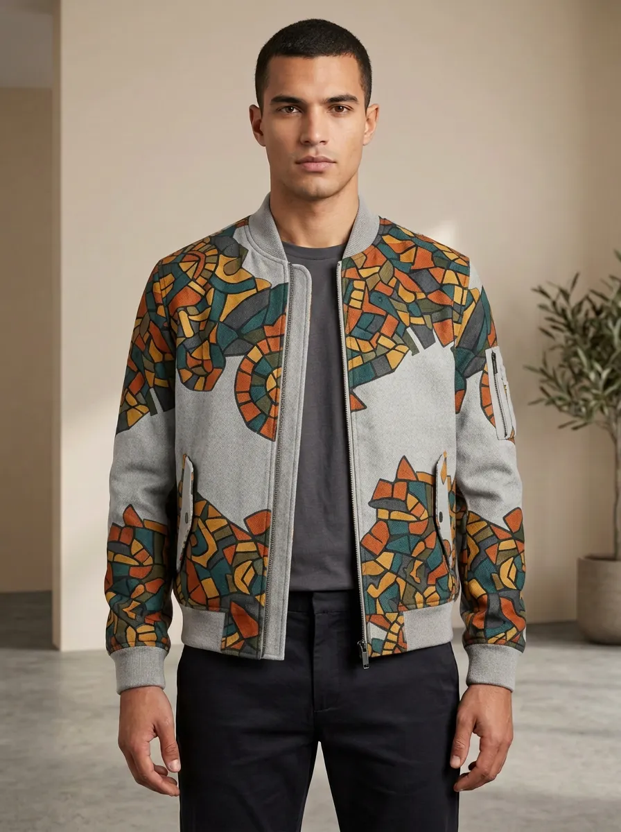 Men's Abstract Mosaic Pattern Printed Bomber Jacket