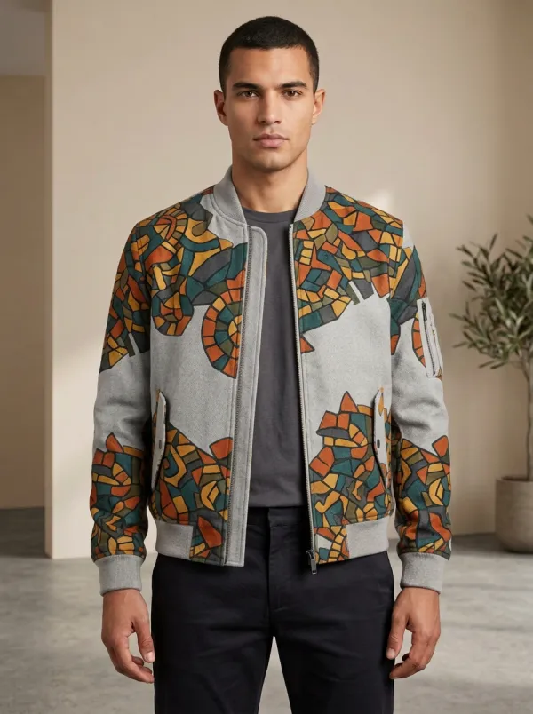 Men's Abstract Mosaic Pattern Printed Bomber Jacket