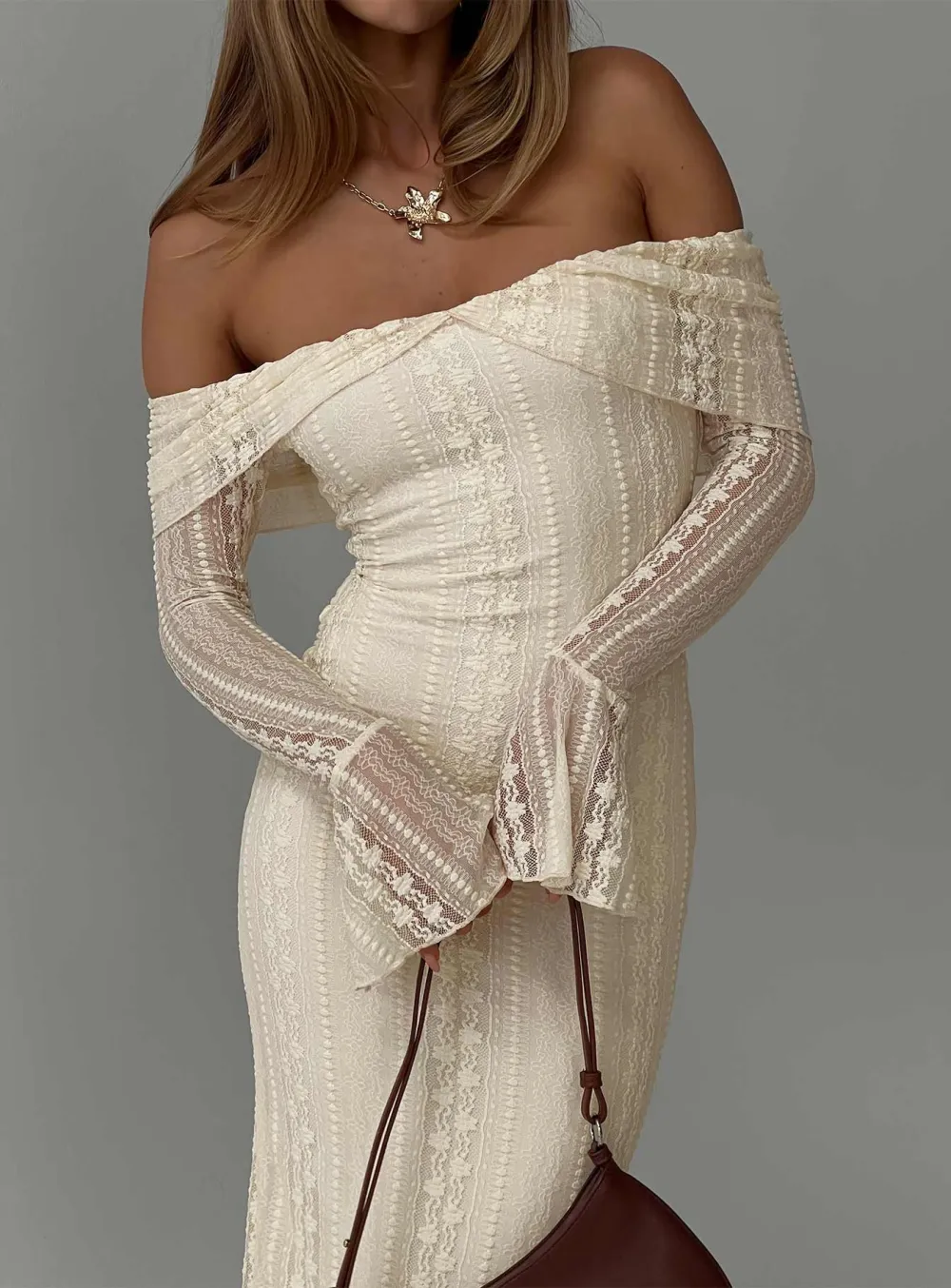 Cream Lace Long Sleeve Maxi Dress