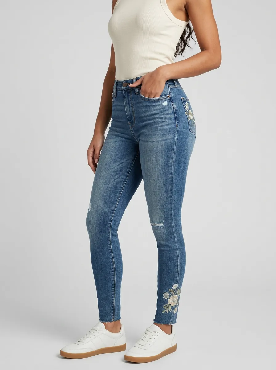 Women's Outpost Floral Embroidery Distressed Printed Slim Jeans