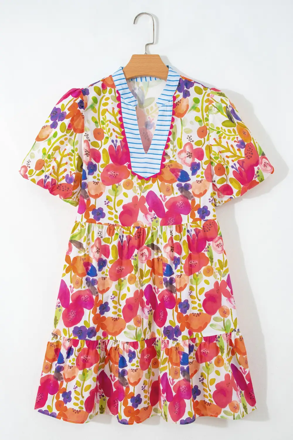 Structured Shape Floral Striped V Neck Dress