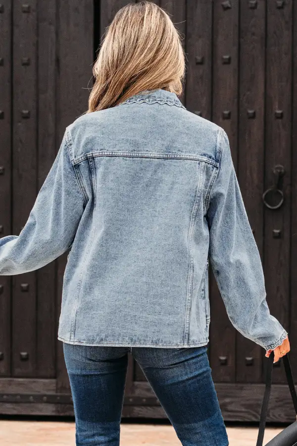 Women's Scallop Trim Collar Patched Pocket Button Up Mineral Washed Denim Jacket