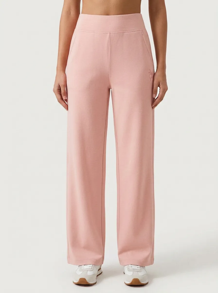 Women's Minimalist Solid Beige Leaf Embroidered Wide Leg Pants