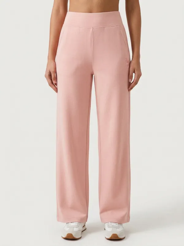 Women's Minimalist Solid Beige Leaf Embroidered Wide Leg Pants