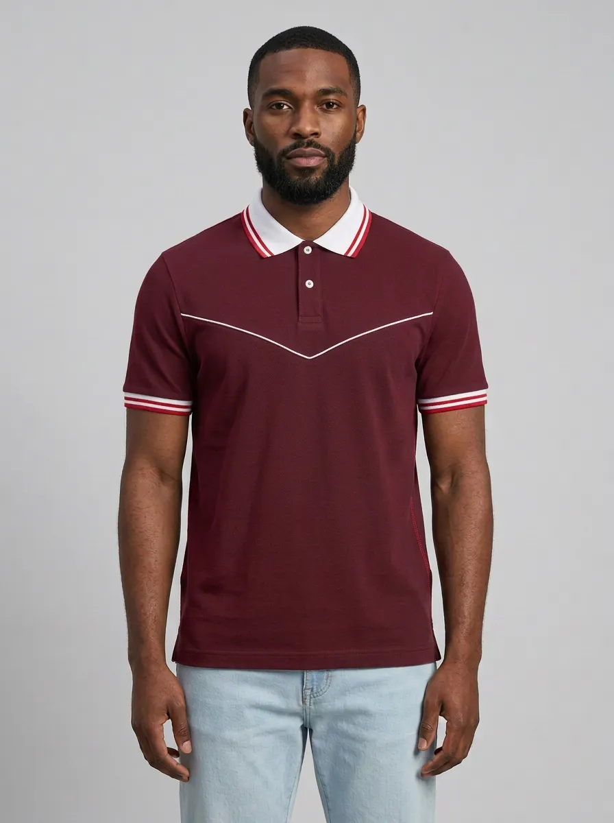 Men's Casual Sporty V-Stripe Contrast Trim Polo Shirt