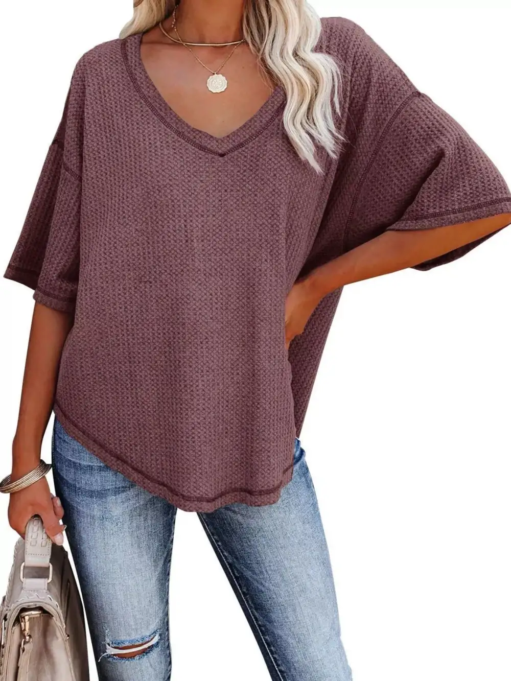 Relaxed V-Neck Short-Sleeve Knit T-Shirt