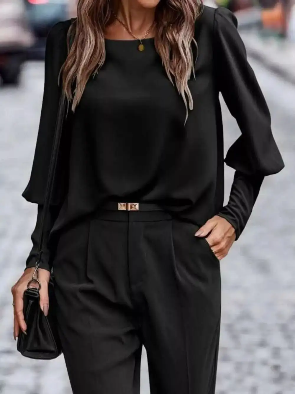 Back Button Lantern Sleeve Blouse
